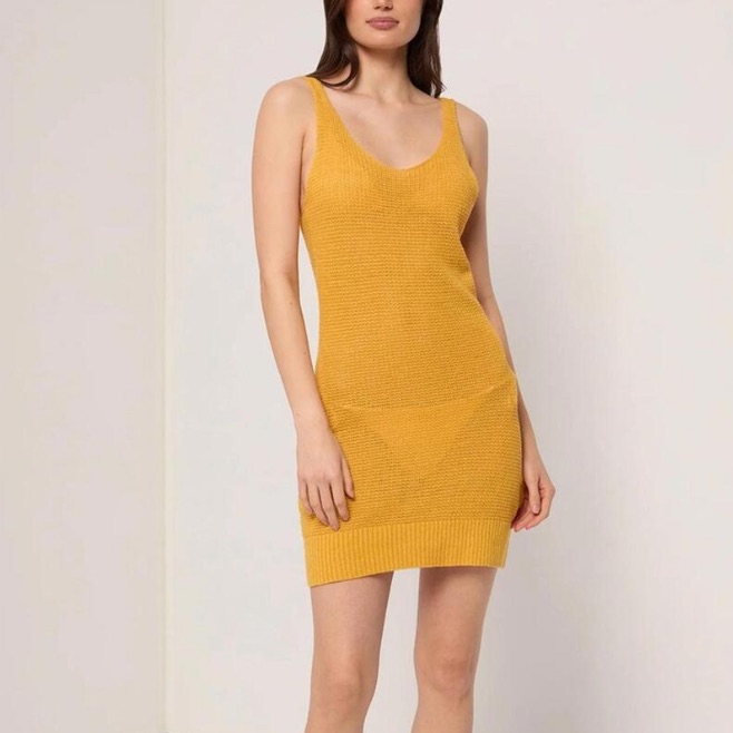 Onia Mustard Yellow Linen Knit Vneck Mini Tank Dress New